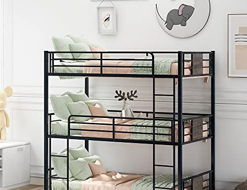 triple bunk bed metal frame with safety guardrail for kids teens guests loft