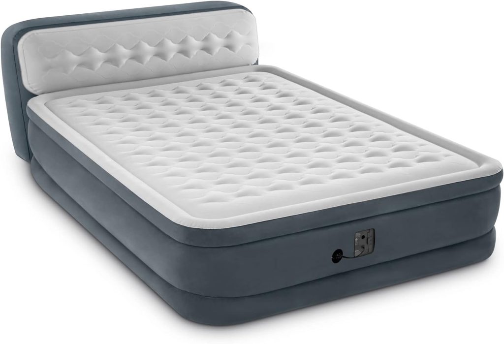 Intex Dura-Beam Deluxe 18 Inch Queen Sized Air Mattress Comforting Bed with Built in Electric Pump and Ultra Plush Supportive Headboard, Gray