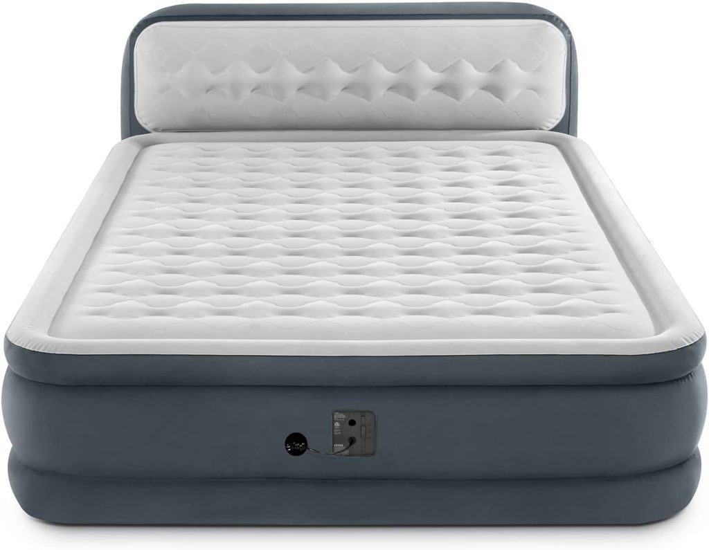 Intex Dura-Beam Deluxe 18 Inch Queen Sized Air Mattress Comforting Bed with Built in Electric Pump and Ultra Plush Supportive Headboard, Gray