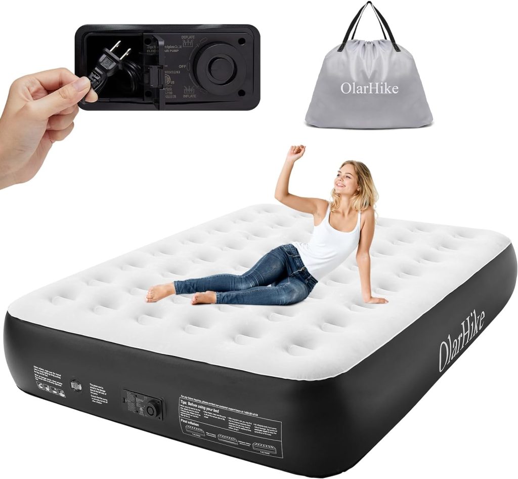 OlarHike Inflatable Queen Air Mattress with Built in Pump,16Elevated Durable Air Mattresses for Camping,HomeGuests,FastEasy Inflation/Deflation Airbed,Black Double Blow up Bed,Travel Cushion,Indoor