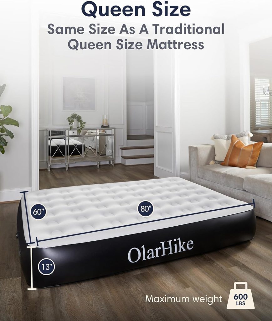 OlarHike Queen Air Mattress with Built in Pump,Durable Inflatable Blow Up Airbed with Storage Bag,13 High Speed Inflation Black, Camping Accessories, Travel and Guests  Indoor