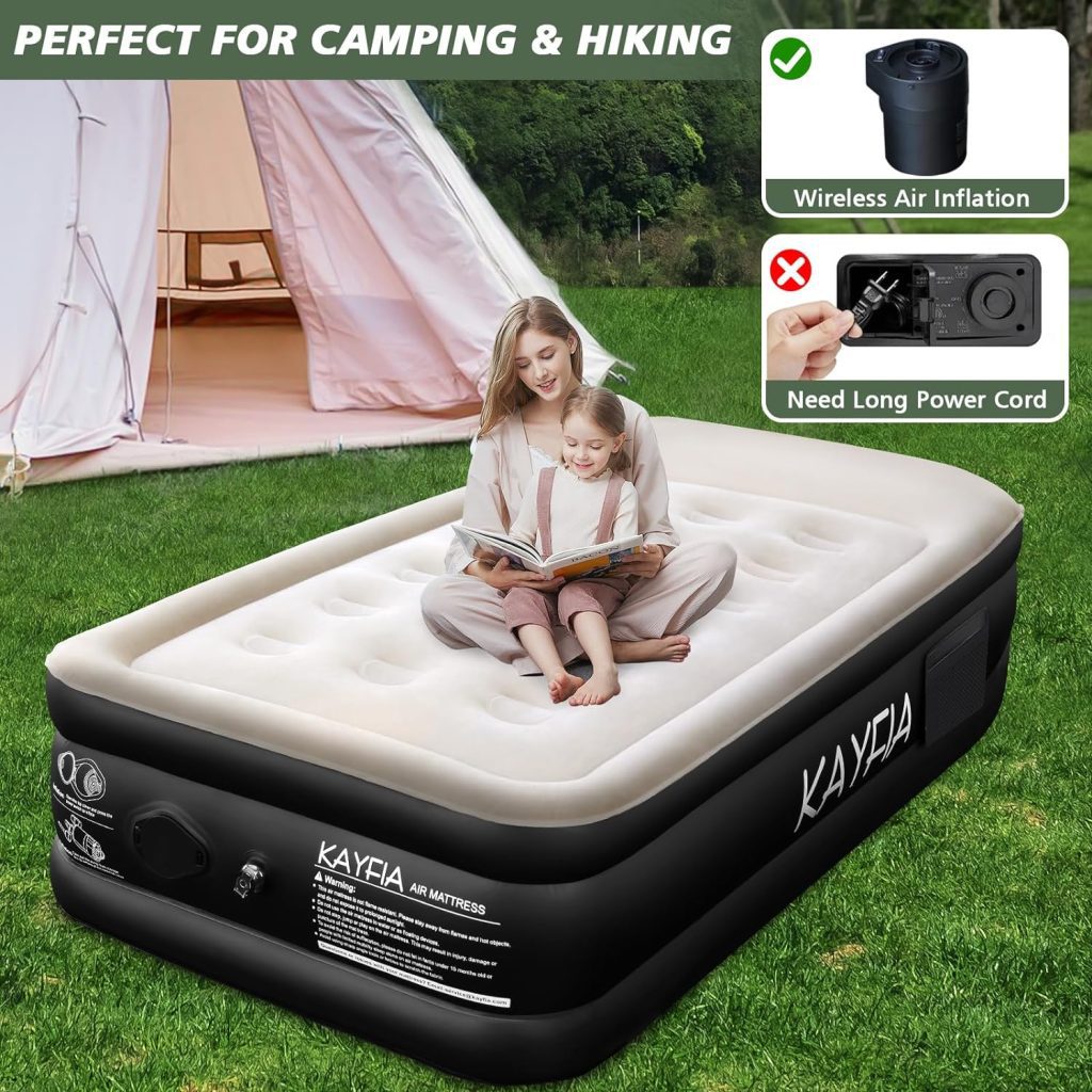 Queen Air Mattress with Built-in Wireless Pump  Flocked Surface 18 Elevated Blow up Mattress for Home  Camping Durable Inflatable Mattress Quick Inflation/Deflation Air Bed with Carry Bag, Black