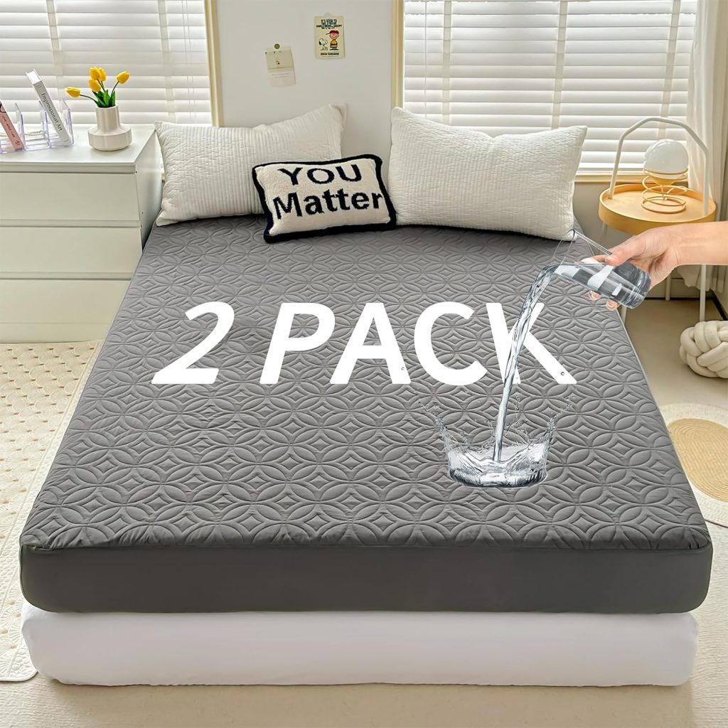 2 Pack Waterproof Mattress Protector, Queen Size Mattress Pad Noiseless with Deep Pocket 6-18 Depth, Soft  Breathable Dirt-Proof Bed Mattress Cover Washable for Home, Bedroom, Hotel (Gray)