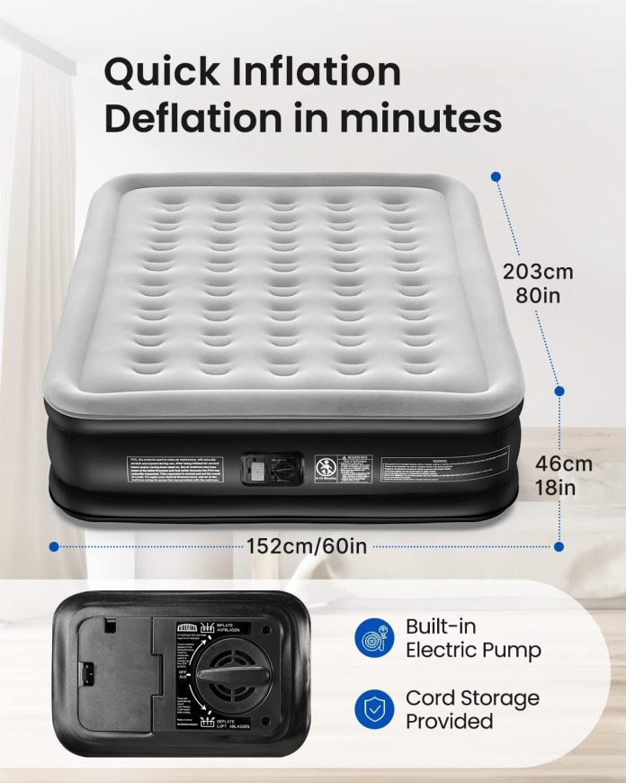 airefina 18 full size air mattress with built in pump blow up mattress with self inflation durable portable flocked top 1 4