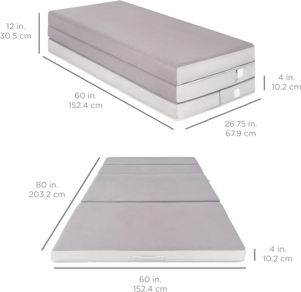 Best Choice Products 4in Portable Mattress Folding Mattress Topper Twin for Camping, Guest, Toddler, Foam Plush w/Carry Case - Gray
