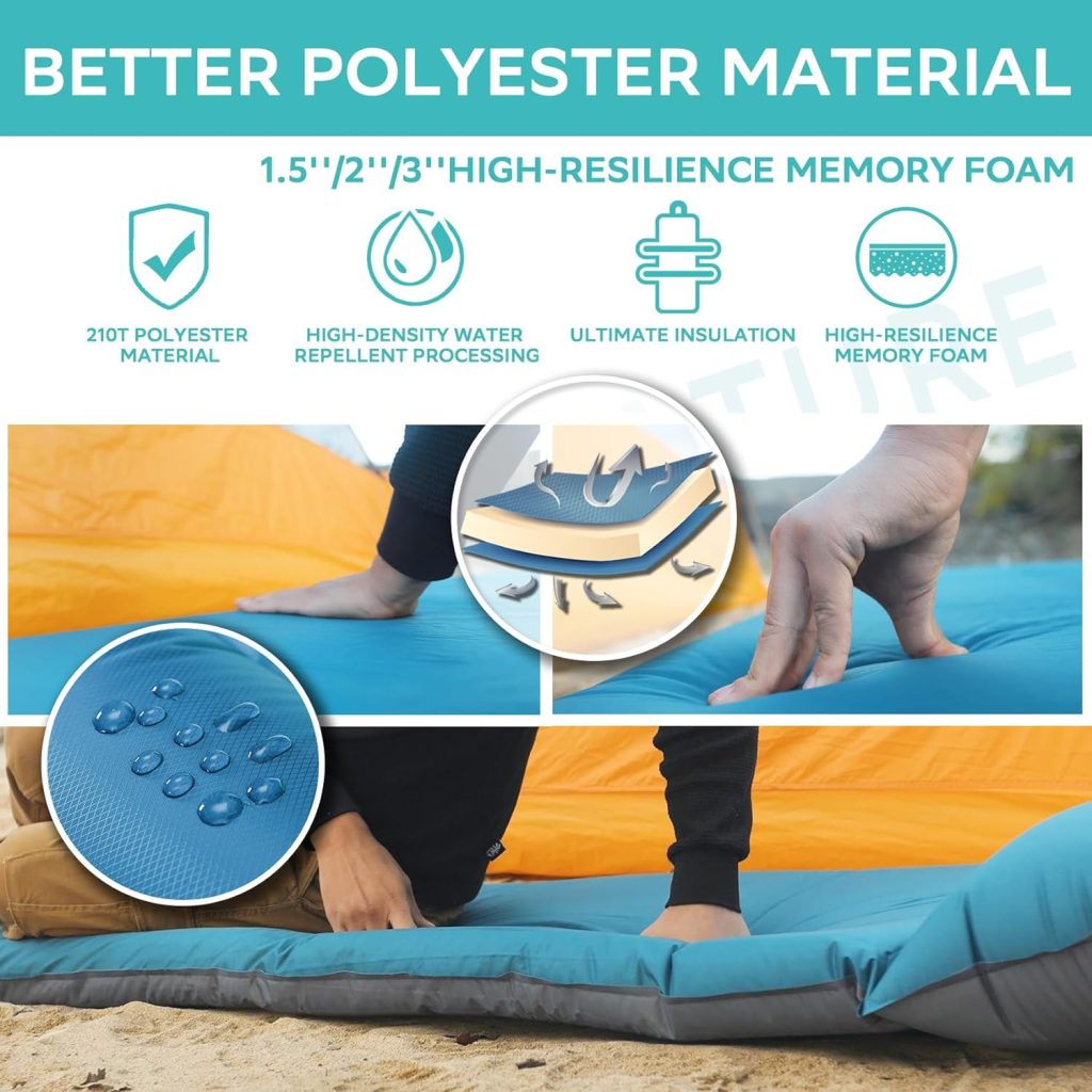 Clostnature Self Inflating Sleeping Pad for Camping - 1.5/2/3 inch Camping Pad, Lightweight Inflatable Camping Mattress Pad, Insulated Foam Sleeping Mat for Backpacking, Tent, Hammock