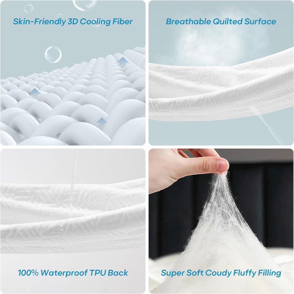 Cozymaker Queen Size 100% Waterproof Mattress Protector, Cooling Bamboo Mattress Cover Fitted 8-21 Deep Pocket, 3D Air Fabric Soft Breathable bed Mattress Pad Cover Noiseless Washable (White, Queen)