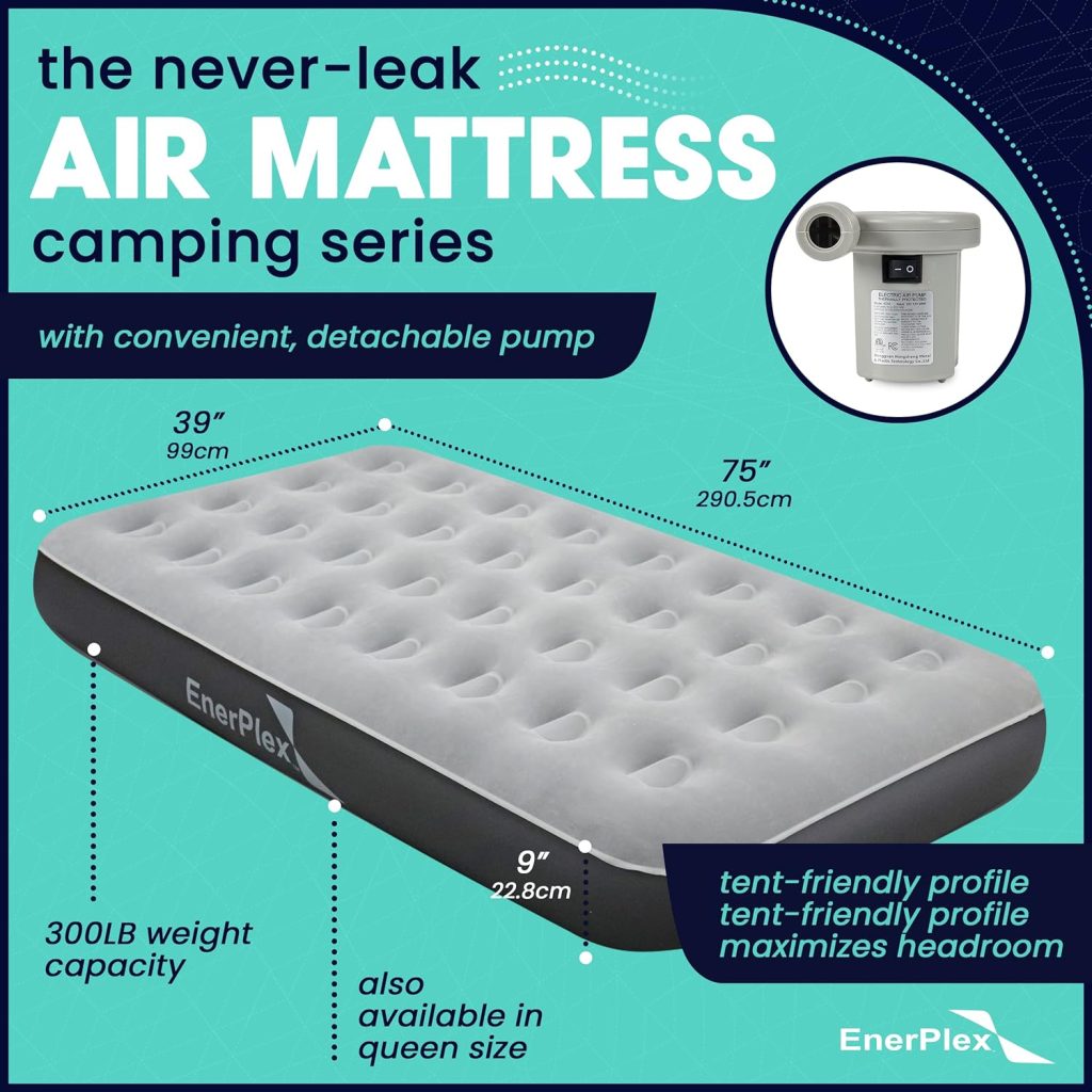 EnerPlex Never-Leak Camping Series Twin/Queen Camping Airbed with High Speed Pump Air Mattress Single High Inflatable Blow Up Bed for Home Camping Travel