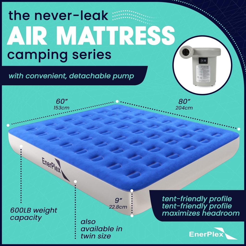 EnerPlex Never-Leak Camping Series Twin/Queen Camping Airbed with High Speed Pump Air Mattress Single High Inflatable Blow Up Bed for Home Camping Travel