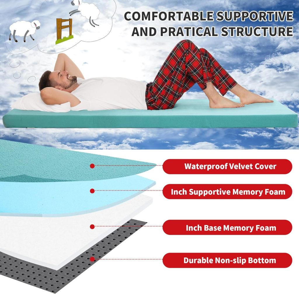 HOMBYS Memory Foam Camping Mattress for Outdoor Sleeping, 3 Thick Roll Up Porable Camping Mattress Pad Mat for Travel Truck Bed Tent
