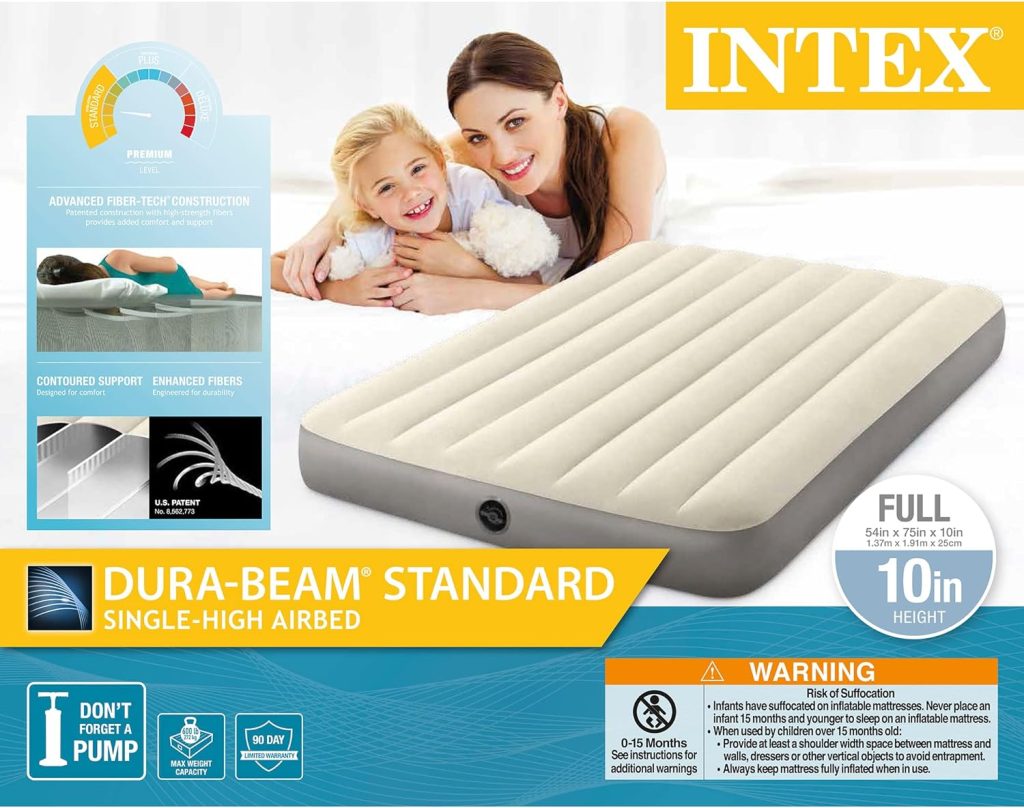 INTEX 64102E Dura-Beam Standard Single-High Air Mattress: Fiber-Tech – Full Size – 10in Bed Height – 600lb Weight Capacity – Pump Sold Separately