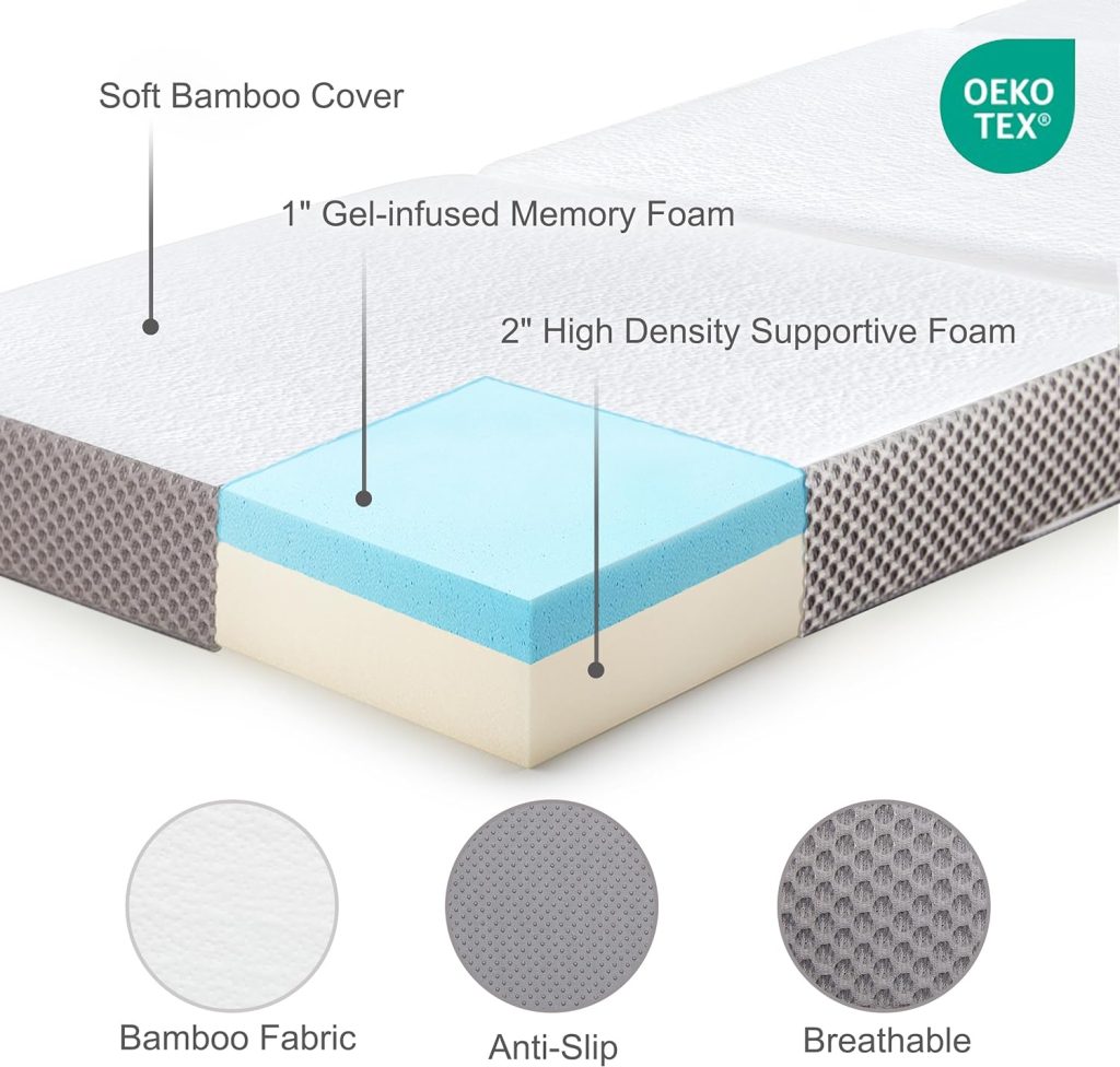 Kingfun Memory Foam Folding Mattress, 4 Inch Gel-Infused Breathable Tri-fold Mattress Topper with Bamboo Cover, Soft Foldable Portable Floor Guest Bed (Single)