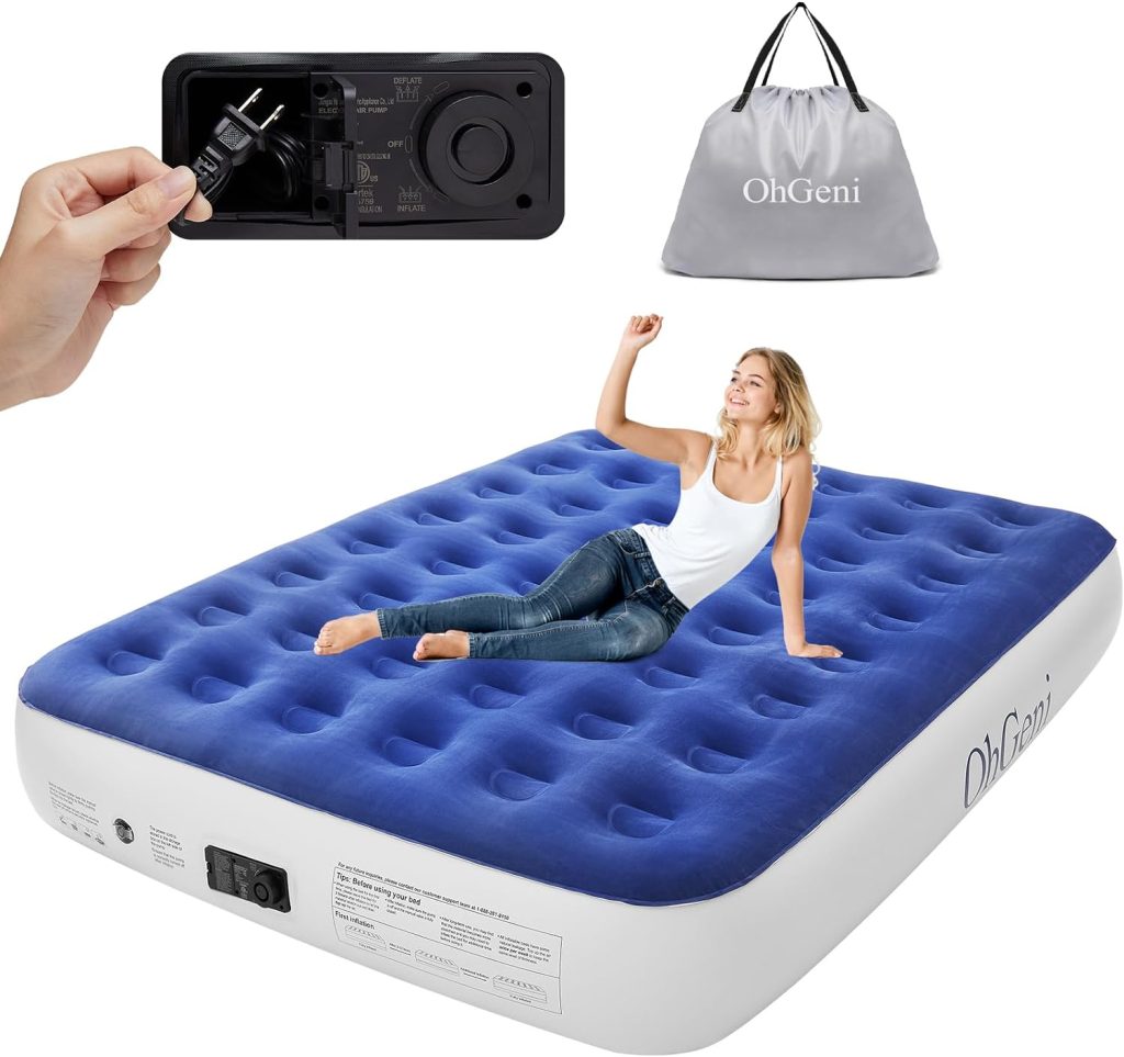 Queen Air Mattress with Built in Pump, 13 Inch Elevated Quick Inflation/Deflation Inflatable Bed,Durable Blow Up Mattresses for Camping,Travel,Home,Guests,Indoor,Blue Portable Rest Airbed