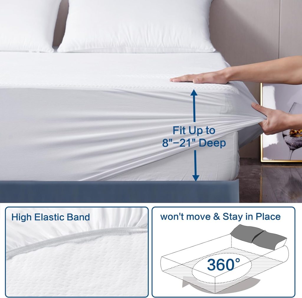 TASTELIFE Queen 100% Waterproof Mattress Protector, Premium Bamboo Cooling Mattress Pad Cover with Deep Pocket, Ultra-Soft and Breathable Bed Mattress Cover Fits 8 to 21 Inch Mattress (Queen, White)