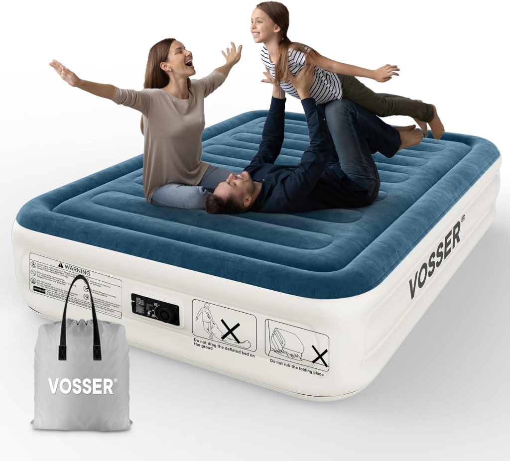 VOSSER Queen Air Mattress with Built-in Pump,Fast  Easy Inflation/Deflation Inflatable Mattress, Foldable Blow Up Mattress with Storage Bag, Inflatable Bed for Home, Camping  Guests