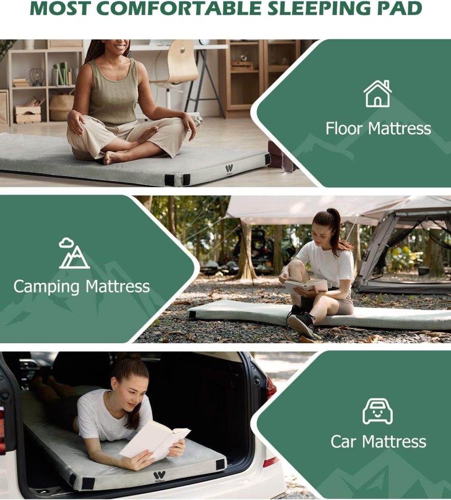 Willpo CertiPUR-US Memory Foam Camping Mattress Portable Sleeping Pad Floor Guest Bed Lightweight Outdoor Tent Mattress with Waterproof Cover  Travel Bag