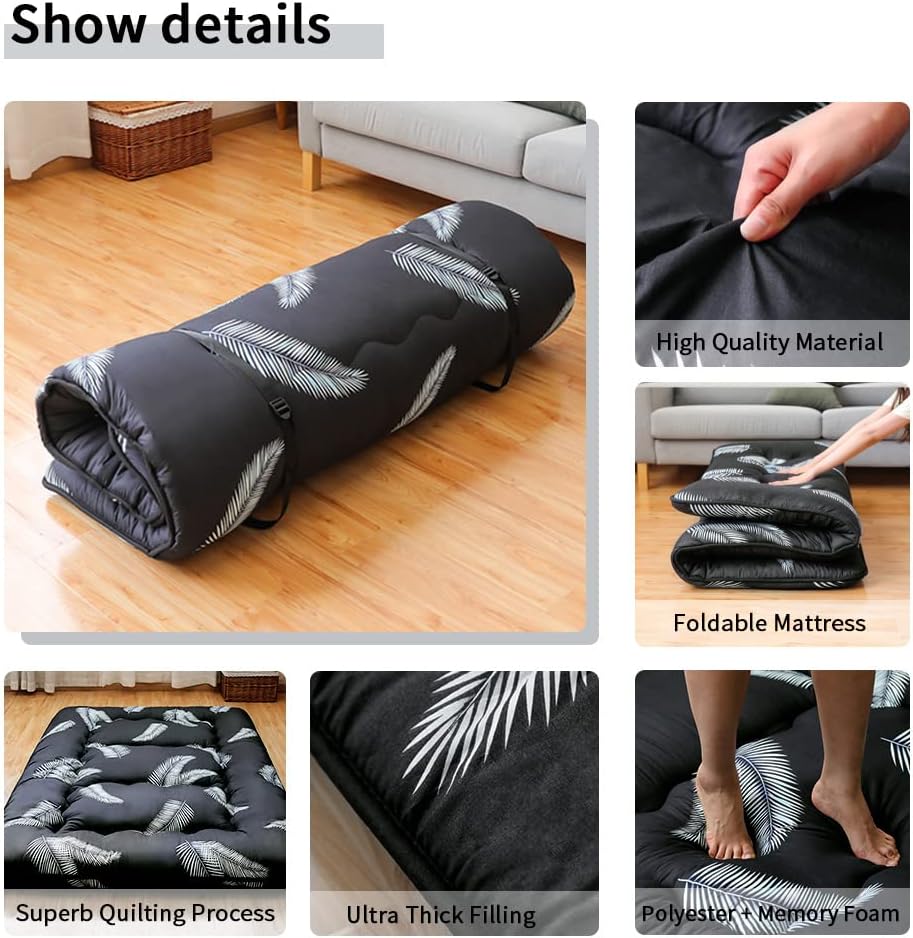 XICIKIN Japanese Floor Mattress, Japanese Futon Mattress Foldable Mattress, Roll Up Mattress Tatami Mat with Washable Cover, Easy to Store and Portable for Camping, Feather, Twin Full Queen…